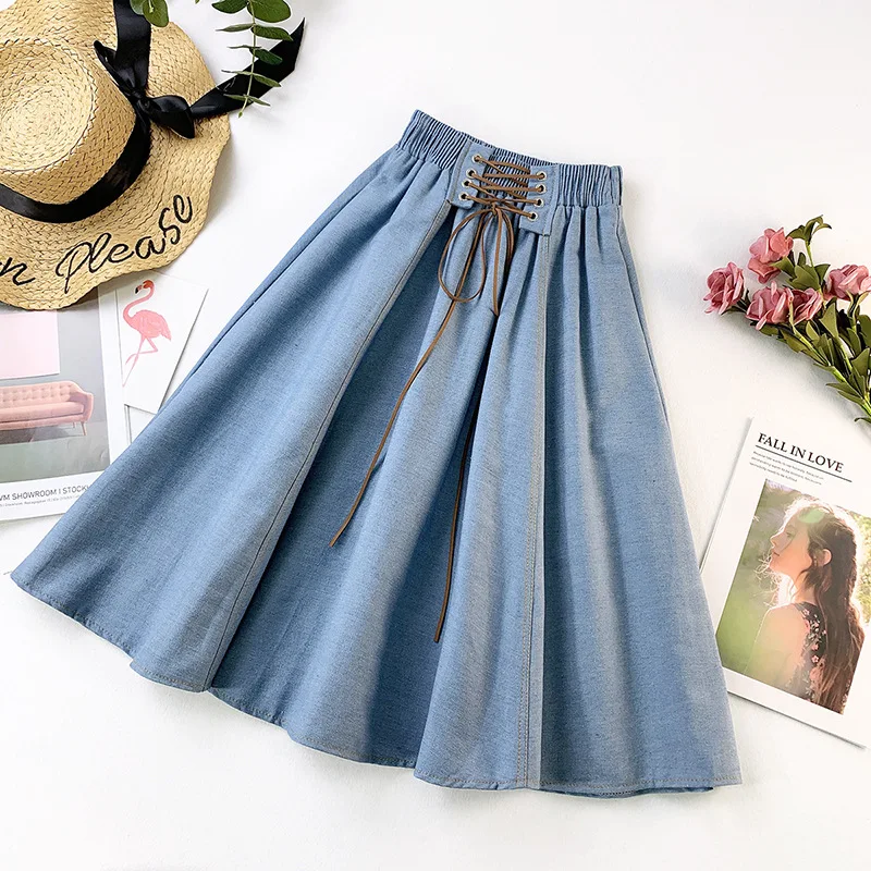 2024 Summer New Arrival High-waist Denim Skirt Slim A-Line Large Pendulum Saias Na Altura Do Joelho Lace-Up Waist Free Shipping