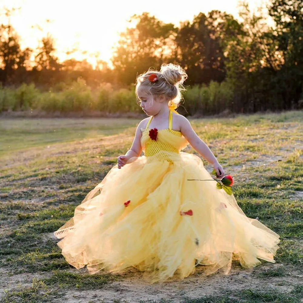 Girls Yellow Princess Tutu Dress Kids Crochet Tulle Flower Dresses Ball Gown with Red Ribbon Bow Children Party Costume Dresses