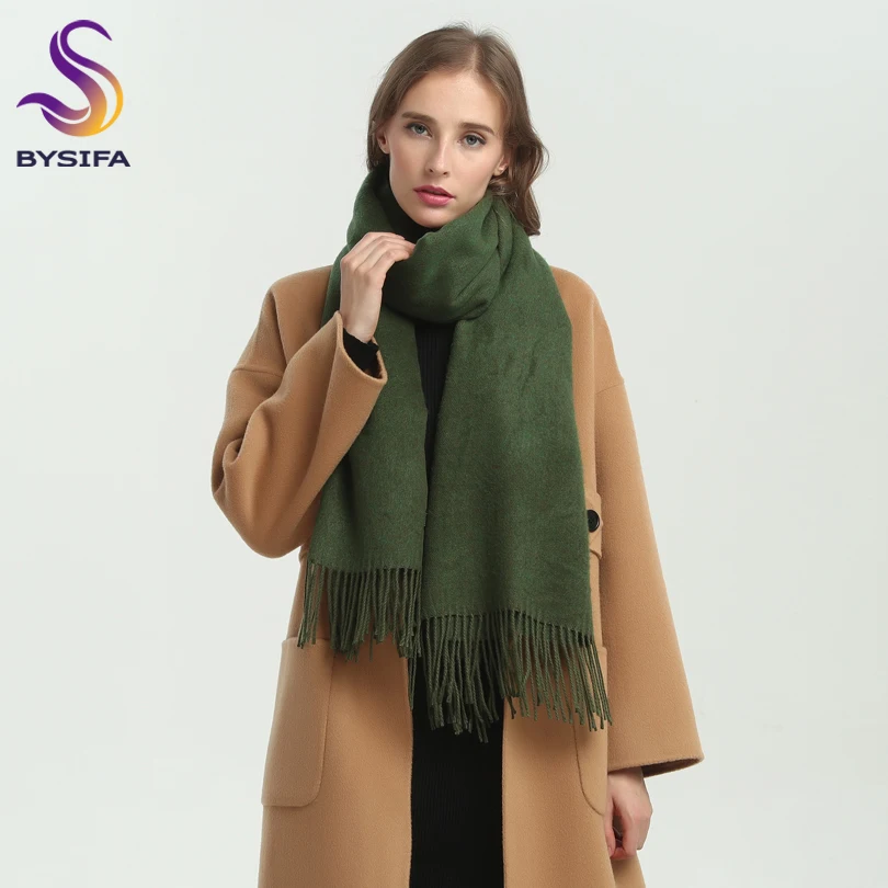 [BYSIFA] bufandas Pashmina verde militar para mujer, chales a la moda con borlas, bufandas Pashmina de Cachemira de lujo para mujer, novedad de