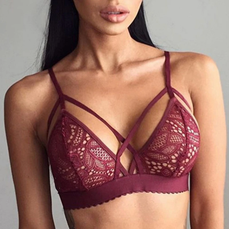 

2019 Women Seamless Sexy Cross Bandage Crop Tank Top Floral Sheer Lace Bra Bralette Bustier fitness building invisible fly bra #