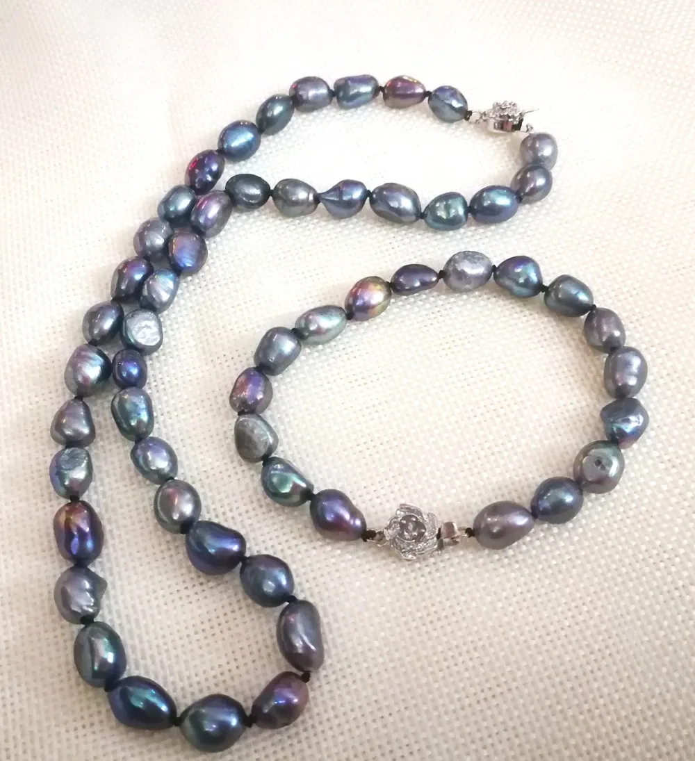 

Jewelry set necklace 10mm black blue gray green baroque pearl handmade bracelet natural freshwater pearl