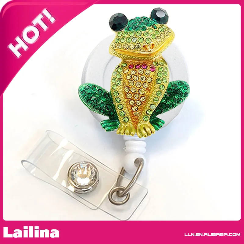 

Green $Yellow Rhinestone Frog Retractable White ID Badge Holder