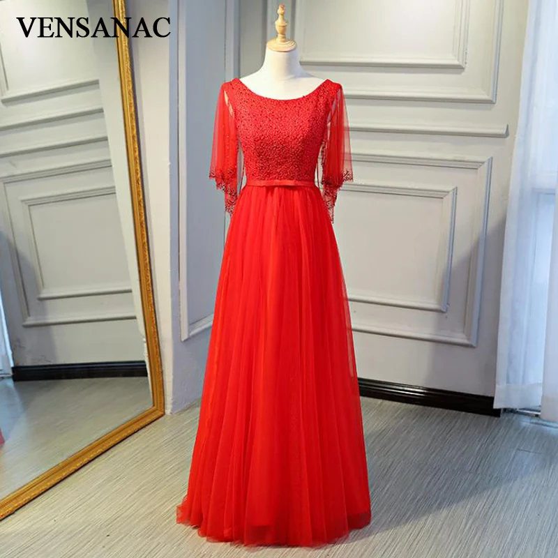 

VENSANAC Crystal O Neck Sequined Short Sleeve A Line Long Evening Dresses Party Bow Sash Lace Backless Prom Gowns