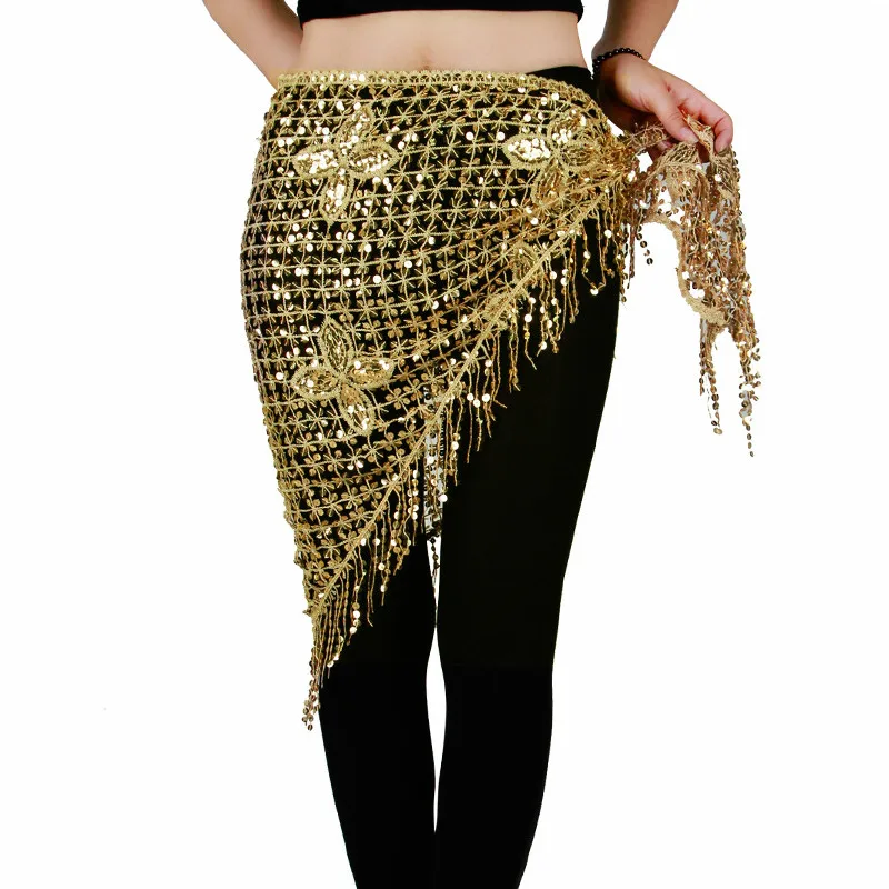 Belly Dance Hip Scarf Stretchy Long Tassel Triangle Sequin Belly Dancing Costume Belt Shawl Accessories Hand Crochet 10 Colors X