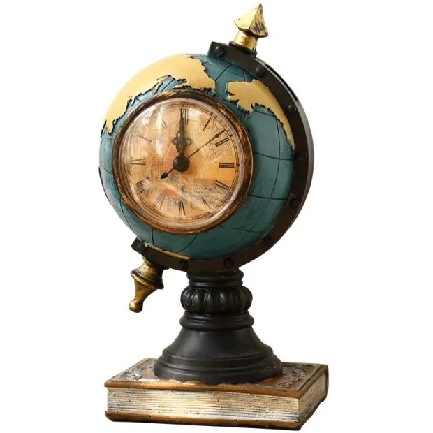 Creative Vintage Desktop Globe Shaped Clock Bedside Mute Movement Clock Globe Ornament Home Decor Desktop Decoration Living Room