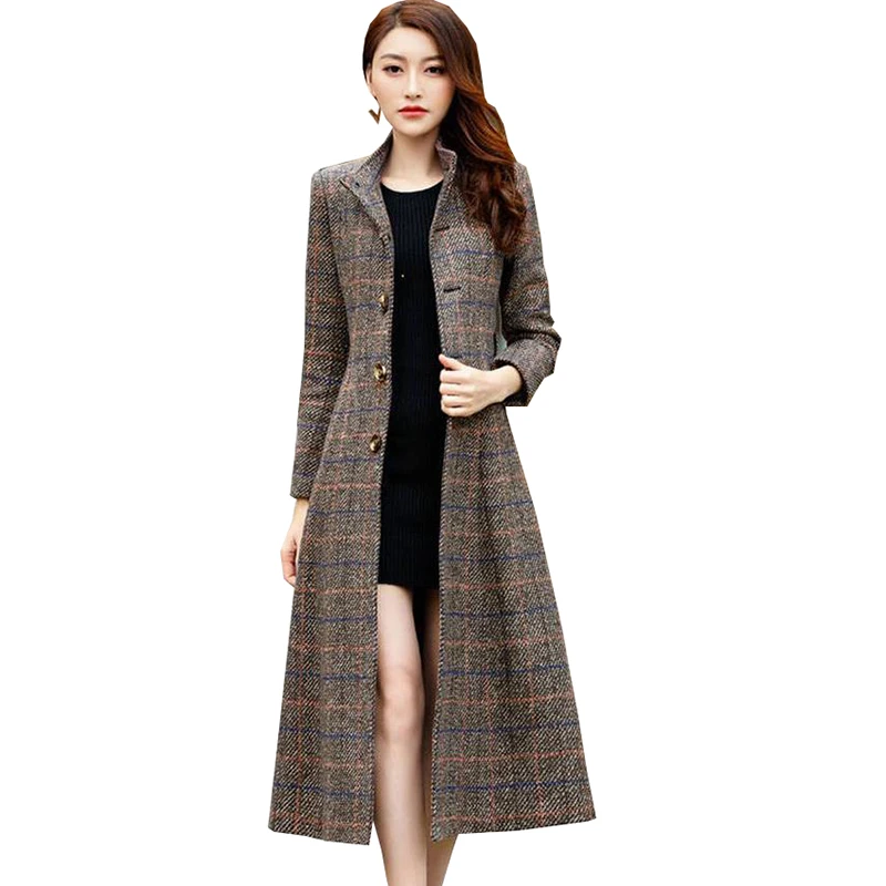 2025 สตรียาวเสื้อขนสัตว์ฤดูหนาวเกาหลีคลาสสิกOuterwear Elegant Checkered Windbreakerแจ็คเก็ตหญิงเสื้อผ้าแฟชั่น