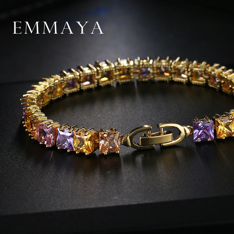 Emmaya AAA+ Elegant Square Multicolor CZ Tennis Bracelets for Woman Champgne Gold Color Princess Cut CZ Wedding Jewelry