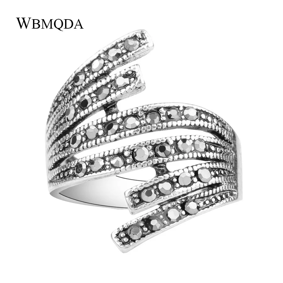 Hot 2018 Fashoin Black Crystal Wave Ring Vintage Punk Rock Hollow Multi Line Wedding Rings For Women Tibetan Jewelry