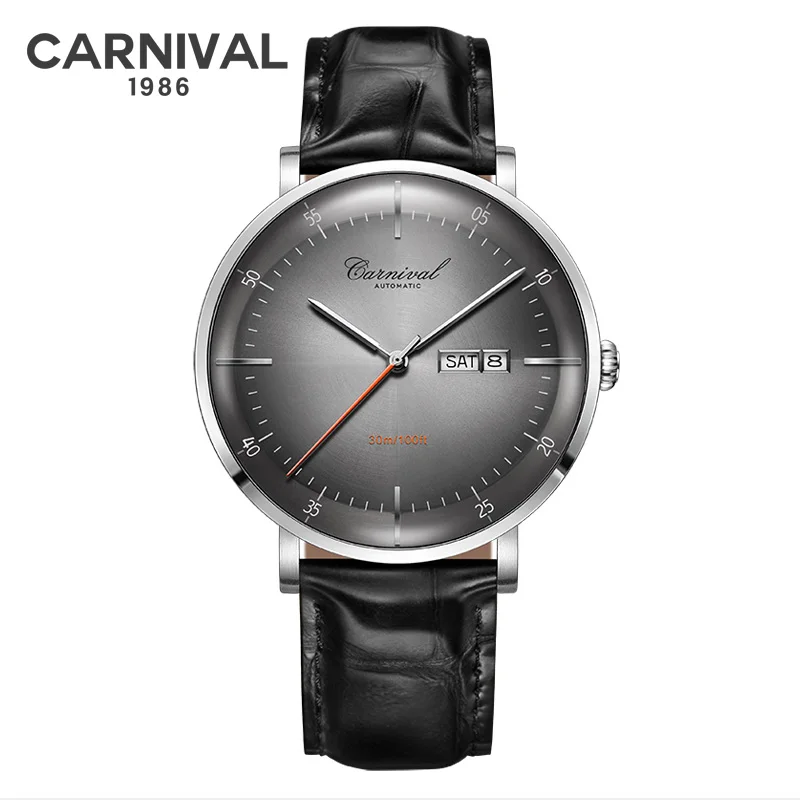 CARNAVAL Hoge kwaliteit MIYOTA automatisch horloge gebogen saffier mechanische horloges voor heren kalender leer waterdicht Montre Homme