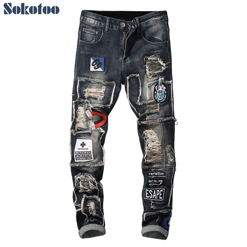 

Sokotoo Men's badge patchwork ripped embroidered stretch jeans Trendy holes patches design slim straight denim pants