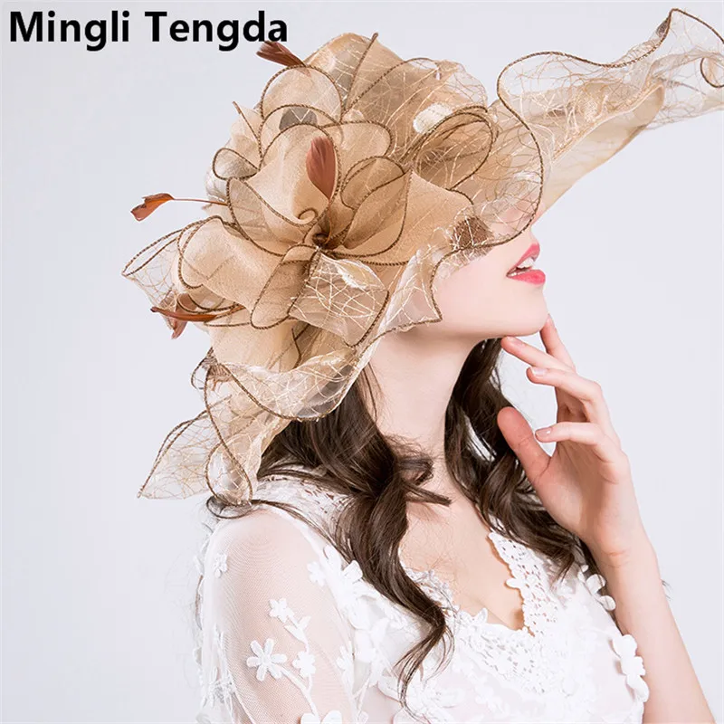 

Mingli Tengda UV Protection Colorful Wedding Hat Big Flower Fashion Mesh Yarn Bridal Hat Big Feather Caps Chapeau Femme Mariage