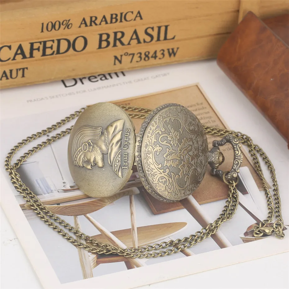 Irã cyrus lembrança relógio de bolso bronze colar corrente cheia caçador pingente fob corrente antiquado relógio de bolso para homens