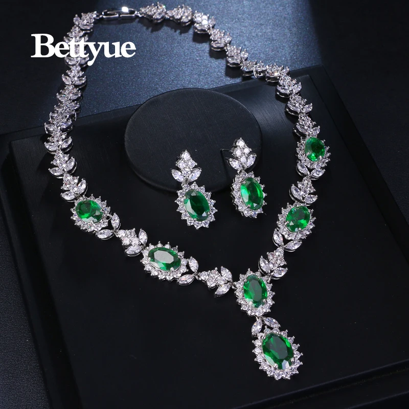Bettyue Brand Charm Fashion Luxury Jewelry Sets AAA Zircon Green Geometric Florid Bridal Jewelry Set For Woman Wedding Gift