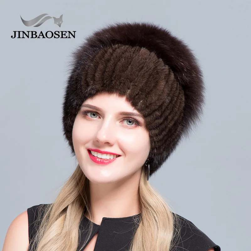 JINBAOSEN Women\'s Winter Mink Fur Hat Real Silver Fox Fur Warm Ski Cap Natural Fur Knit Fur Cap Brand Fashion Style