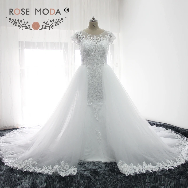 

Rose Moda Short Sleeves Mermaid Wedding Dress with Removable Skirt Real Photos