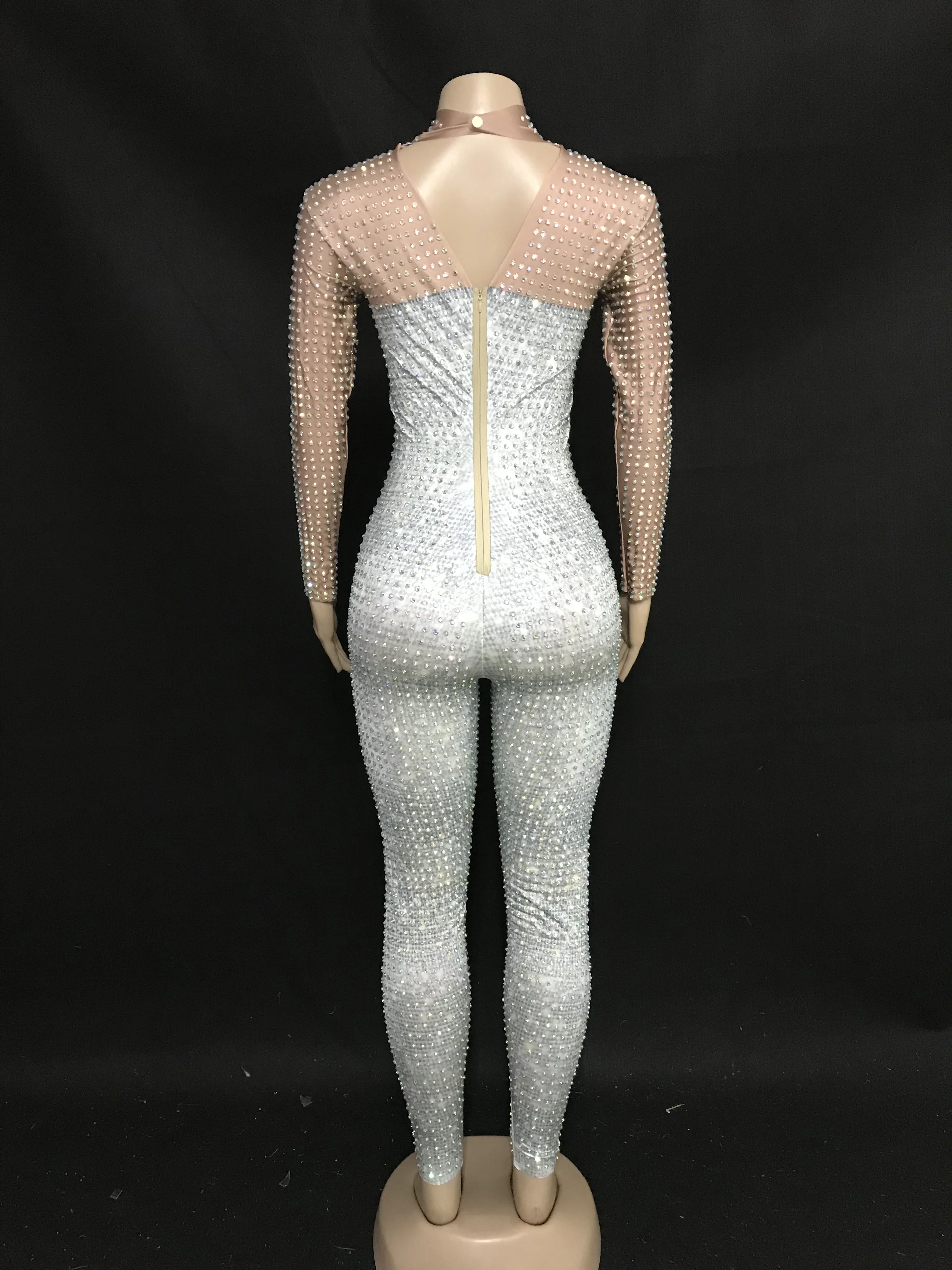 Macacão feminino brilhante, macacão de manga longa com strass para festa, palco, comemoração, dança, roupa legging