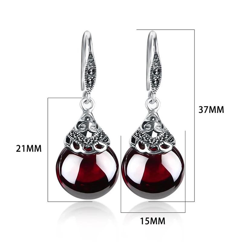 MAYONES 925 Sterling Silver Earrings For Women Retro Round Natural Garnet&Agate Earrings Vintage Thai Silver Jewelry Best Gift