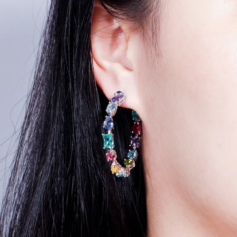 CWWZircons Trendy American Cubic Zirconia Crystal MultiColored Big Hoop Earrings Circle Round Design Women Ear Jewelry CZ561