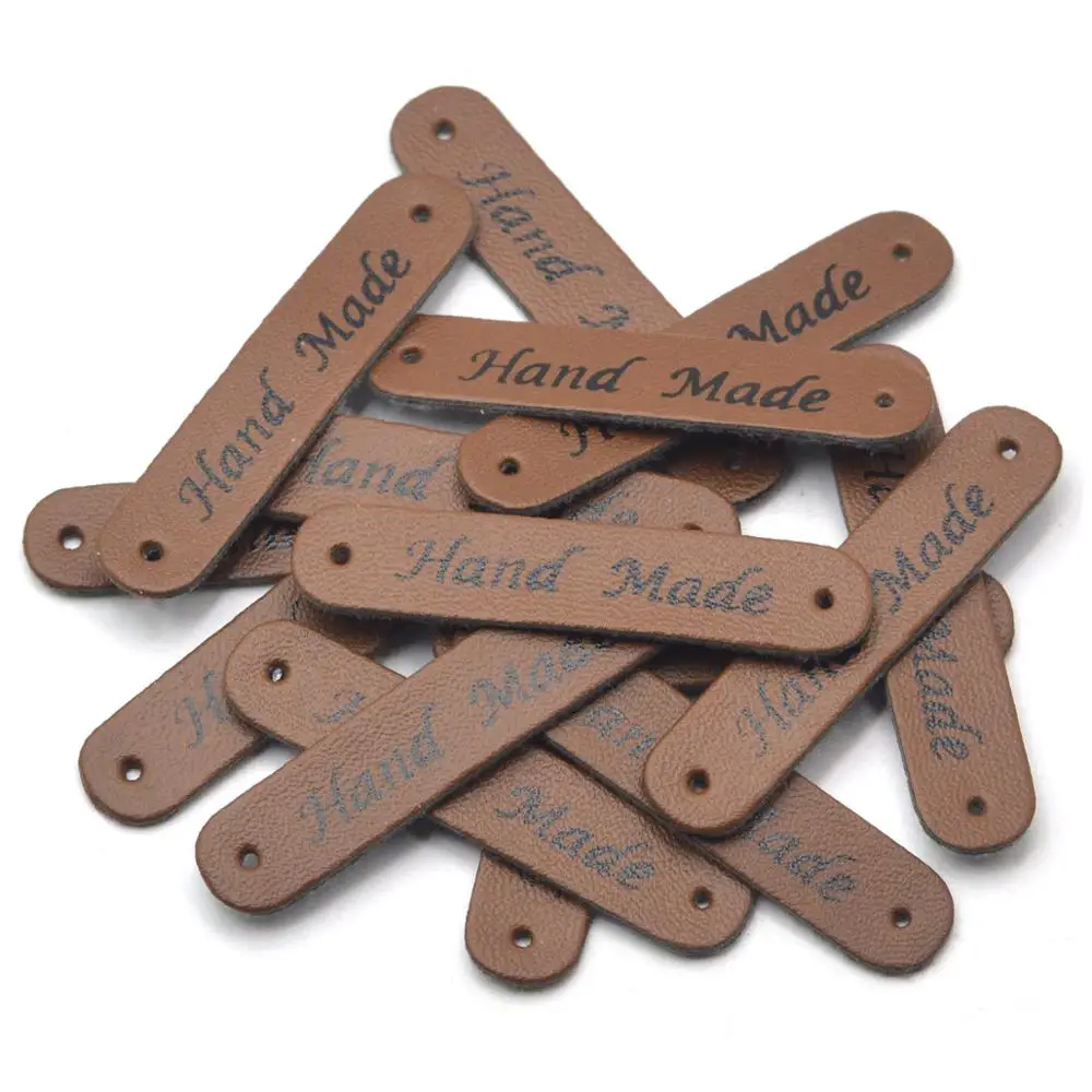 KALASO Wholesale 30pcs Brown Handmade Labels Clothes Garment PU Leather Labels Hand Made Tags Jeans Bags Shoes Sewing Supplies