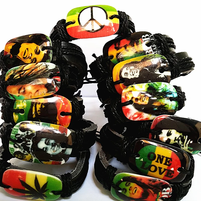 Brand New 24PCs Bob Marley Cuff Bracelets Jamaica Reggae Rasta PU Leather Wristband Wholesale Bulk Lots For Men Women Unisex