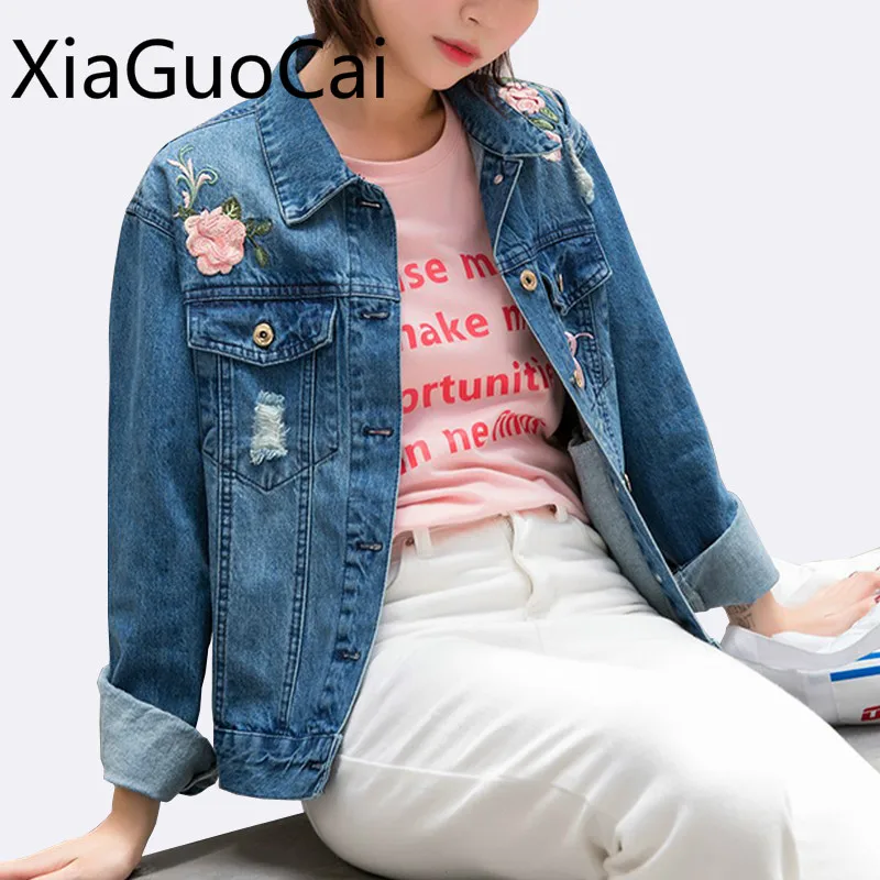 

Embroidery Fashion Denim Women Coats Turn-down Collar Female Jackets Standard Single Breasted Flowers Jackets Drop Shipping 35