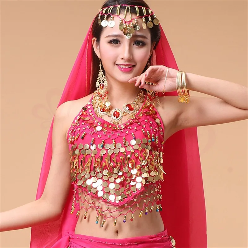 New Style Hot selling on Sale Cheap Coins Sexy Belly Dance Top Size Bra for Women Indian Dancing Coat 11 Colors Available