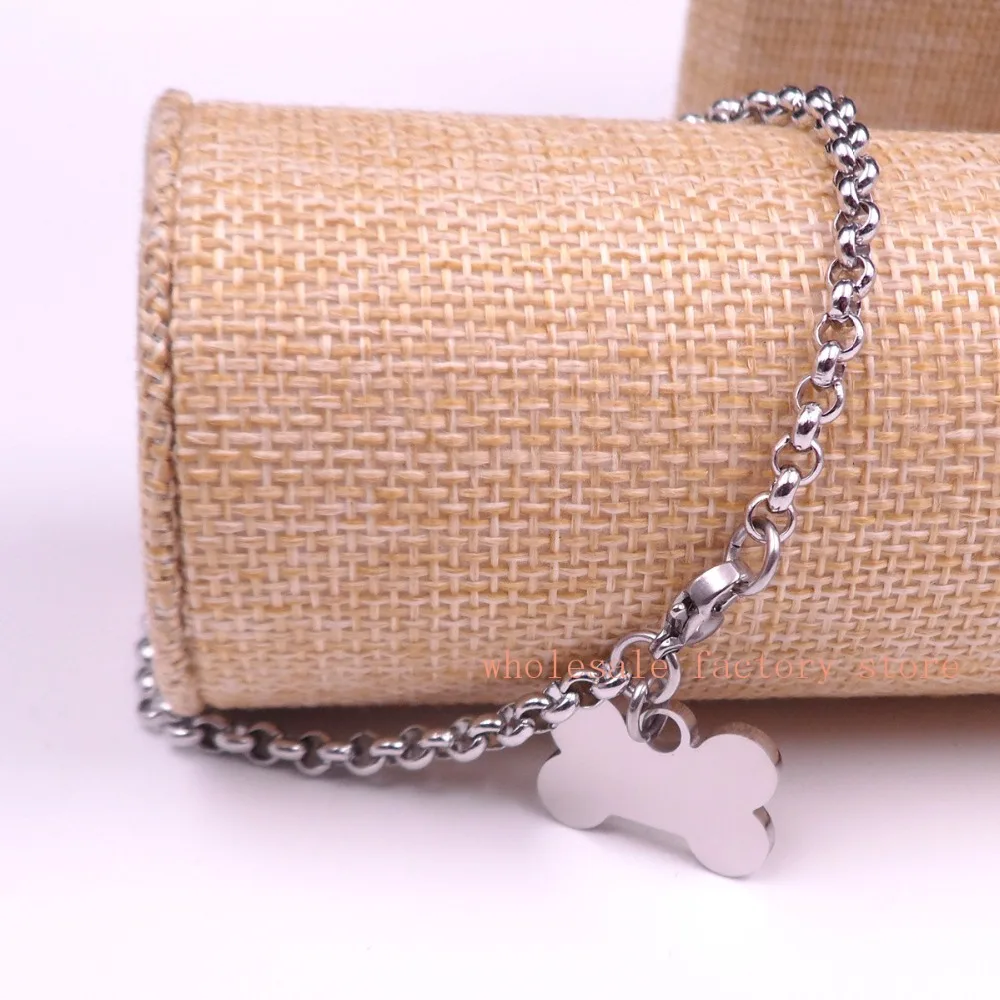 For women Men\'s  Stainless steel Necklace  Dog Bone Tag Pendant Smooth Rolo chain 4mm 22\'\'