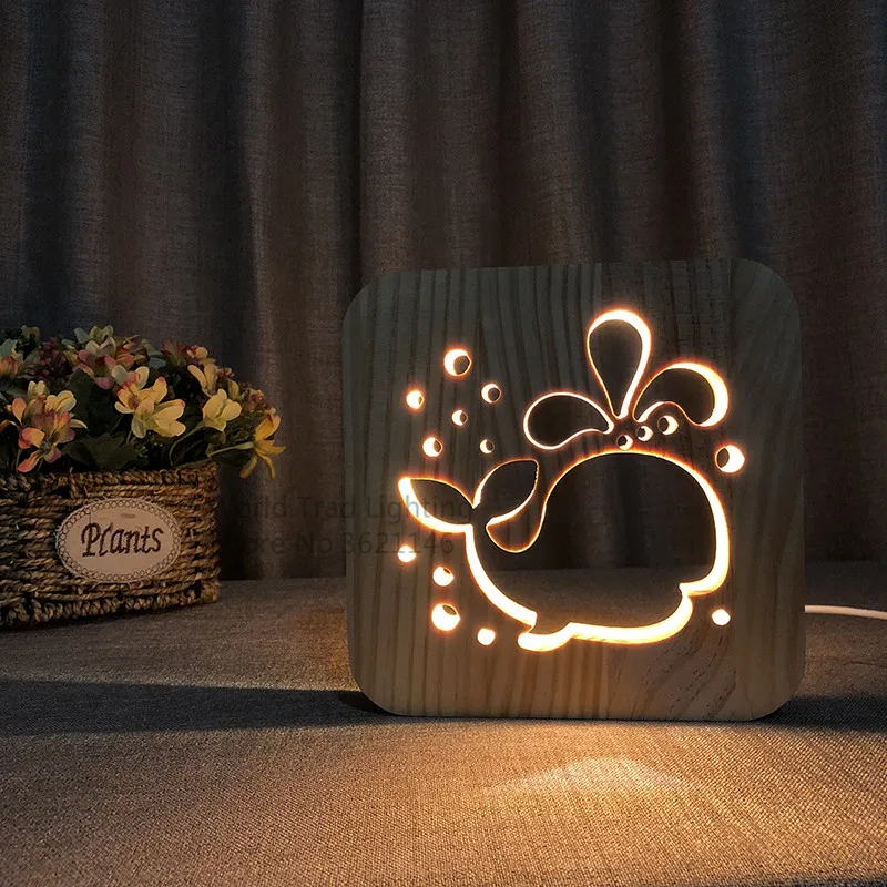 Xmas LED Wood Light 3D cute whale Illusion Luminaria Table Lamp Gifts For Kids Baby Birthday Bed Room Sleep Lights Decoration