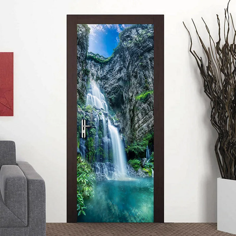 Landscape Waterfall Door Decal Sticker Mural 3D PVC Self-adhesive Waterproof Wallpaper Modern Living Room Door Home Decoration