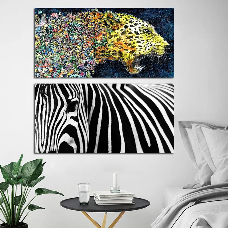 

Wild Running Watercolor Leopard Zebra Horse Canvas Animal Painting Scandinavian Nordic Poster Print Wall Picture for Living Room