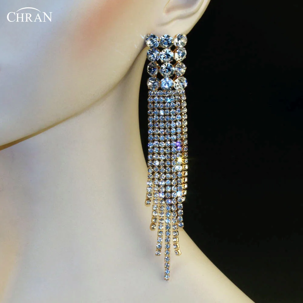 CHRAN Popular Long Tassels Earrings For Women Fashion  Gold Color Crystal Rhinestone Earrings Statement Jewelry