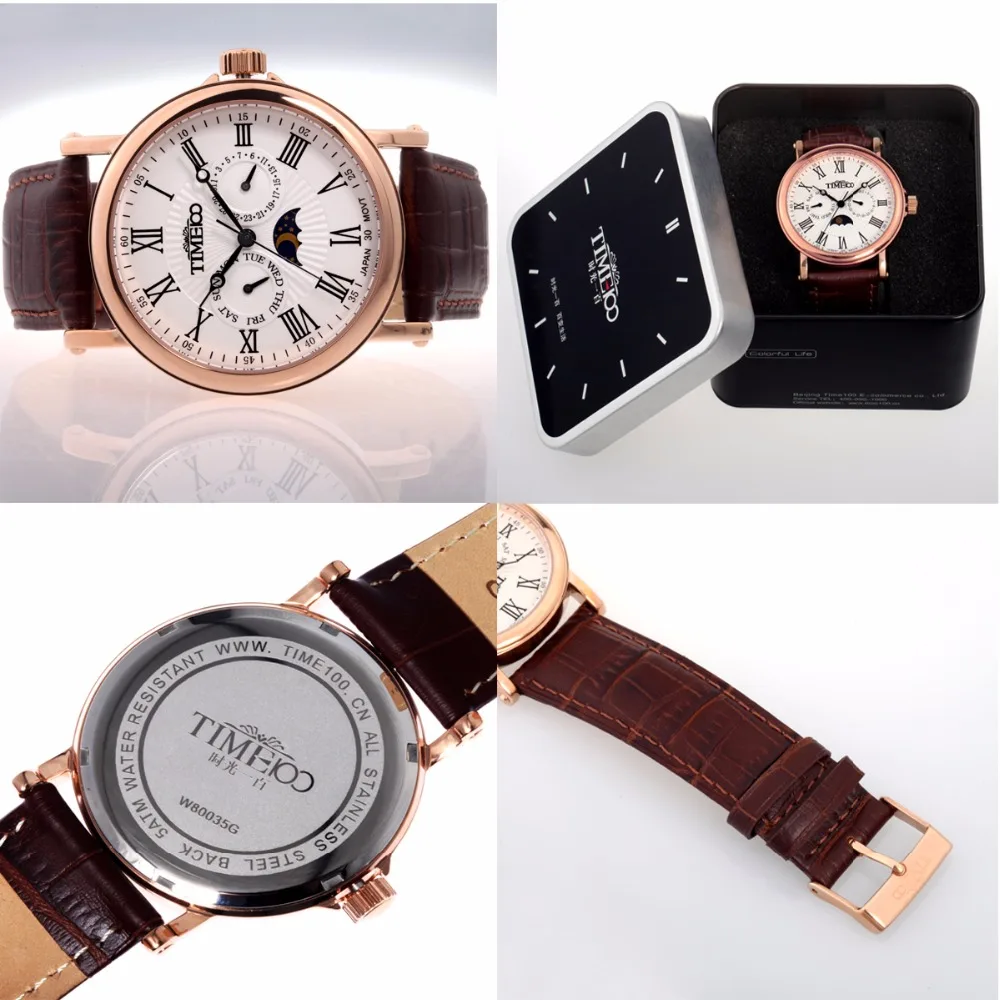 TIME100 Men Watches Quartz waterproof auto date sun Phase Leather Strap Business WristWatch stainless steel relogio masculino