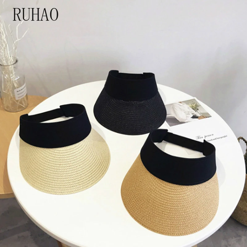 RUHAO summer beach sun hat straw empty top Cap summer female anti-UV sun hat Panama female visors wide brim hat korean women