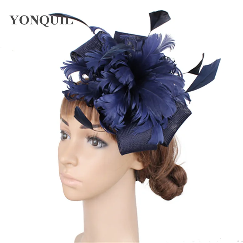 

Navy Imitation Sinamay Fascinator Hats Bridal Wedding Hats 16Colors Women Fancy Kentucky Derby Cocktail Hat With Feather Flower