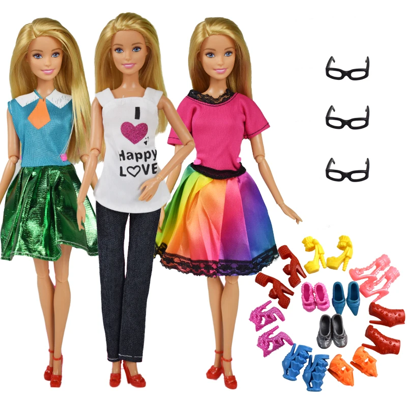 9 Item/Set Doll Accessories=3 Pcs Doll Clothes Dress+ 3 Glasses + Random 3 Pairs Shoes Doll Fashion Accessories for 12 Inch Doll