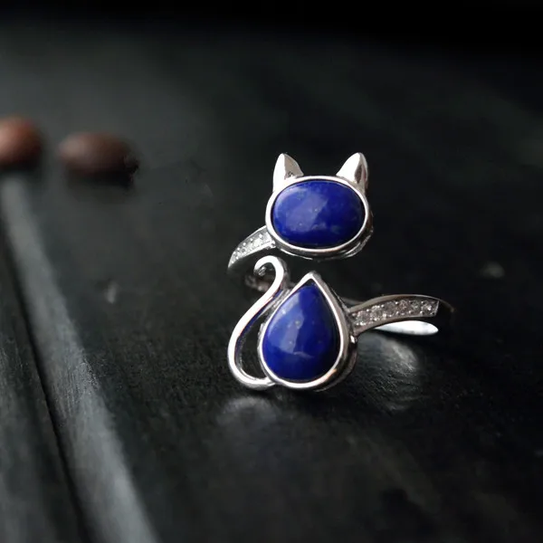 925 Sterling Silver Jewelry Natural Lapis Lazuli Crystal Cat Adjustable Rings for Women Happy National Cat Day!