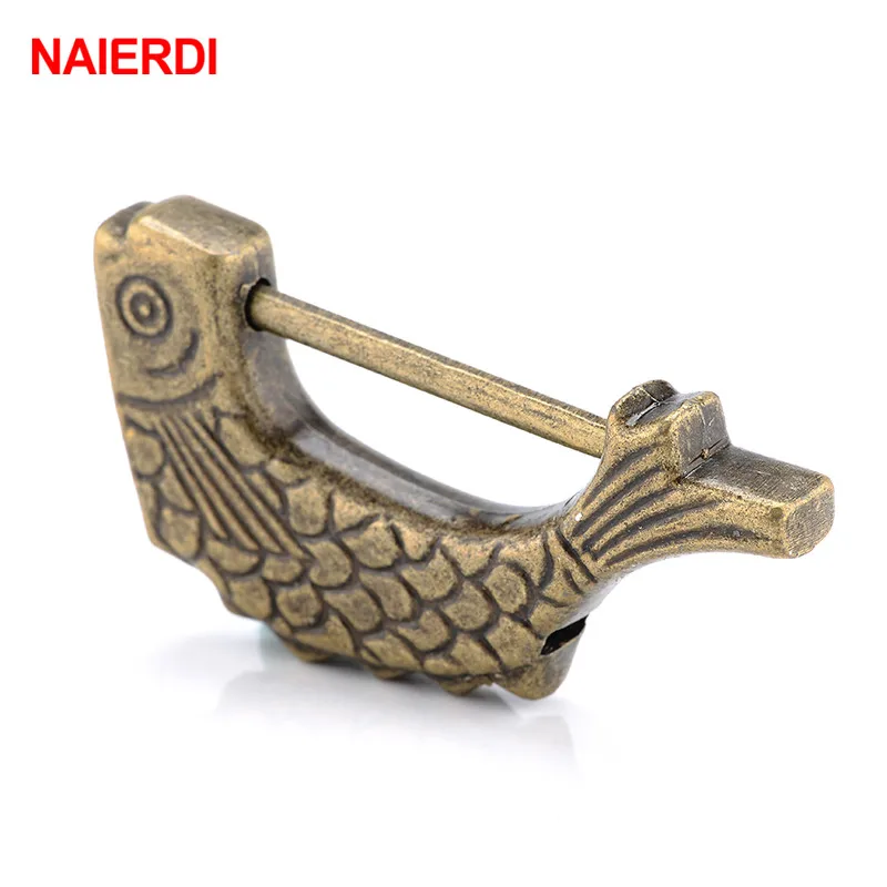 NAIERDI 60*30mm Vintage Chinese Keyed Padlock Antique Old Style Retro Lock Zinc Alloy Jewelry Box Fish Pattern Lock Home Decor