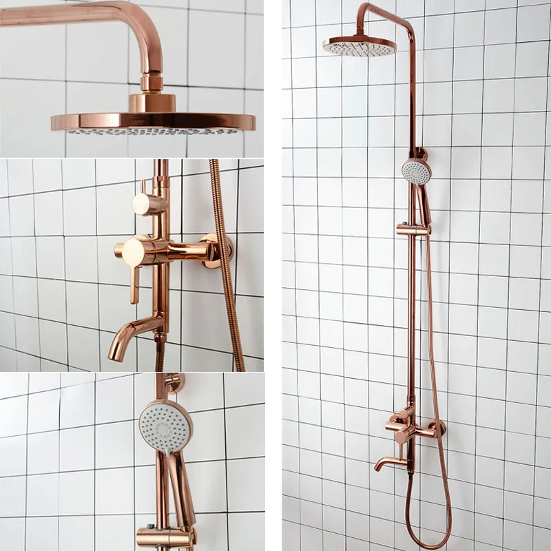 Gold & Rose Gold Color Brass Bathroom Shower Set Wall Mounted Shower Faucet Cold and Hot Water Mixer Rain Bath Set System