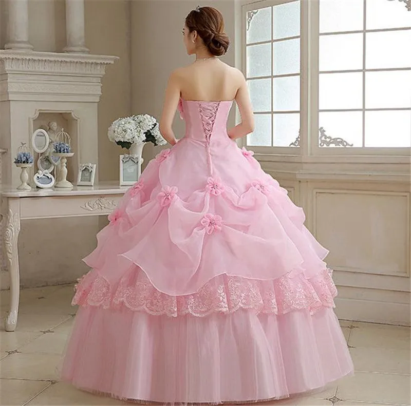 Real Video Red Pink Strapless Wedding Dress 2023 Applique Sweet Princess 3D Flowers Plus Size Bride Gowns