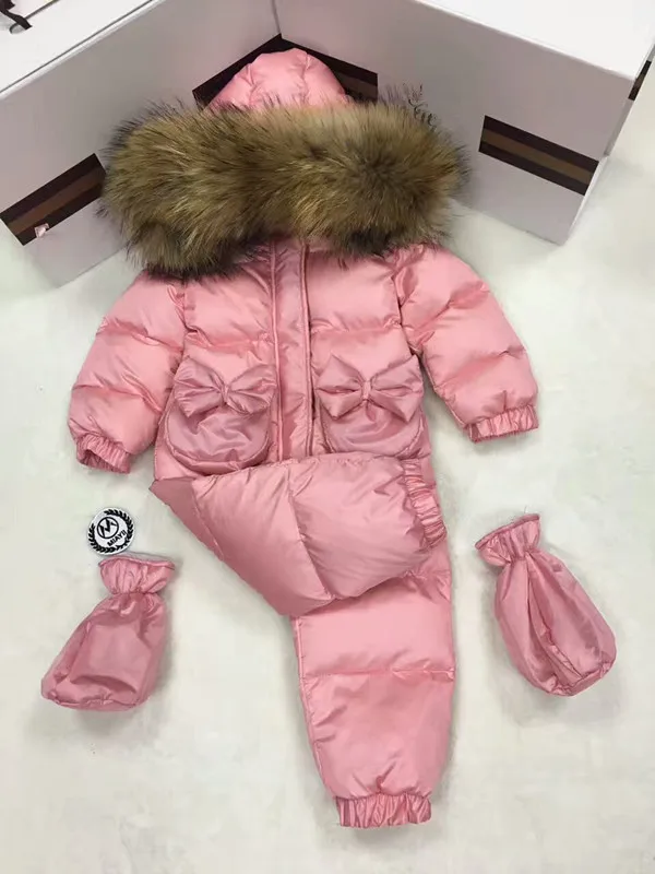 2022 Winter baby girl down coat Baby overall bow outerwear Fur Hooded children\'s Snowsuit down Child jumpsuit romper parka