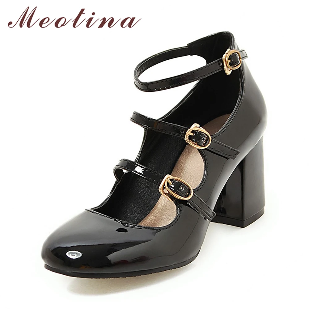 Meotina Spring 2018 Shoes Women Mary Jane Thick High Heels Buckle Pumps Party Shoes Round Toe Ladies Shoes Black Red Size 34-39