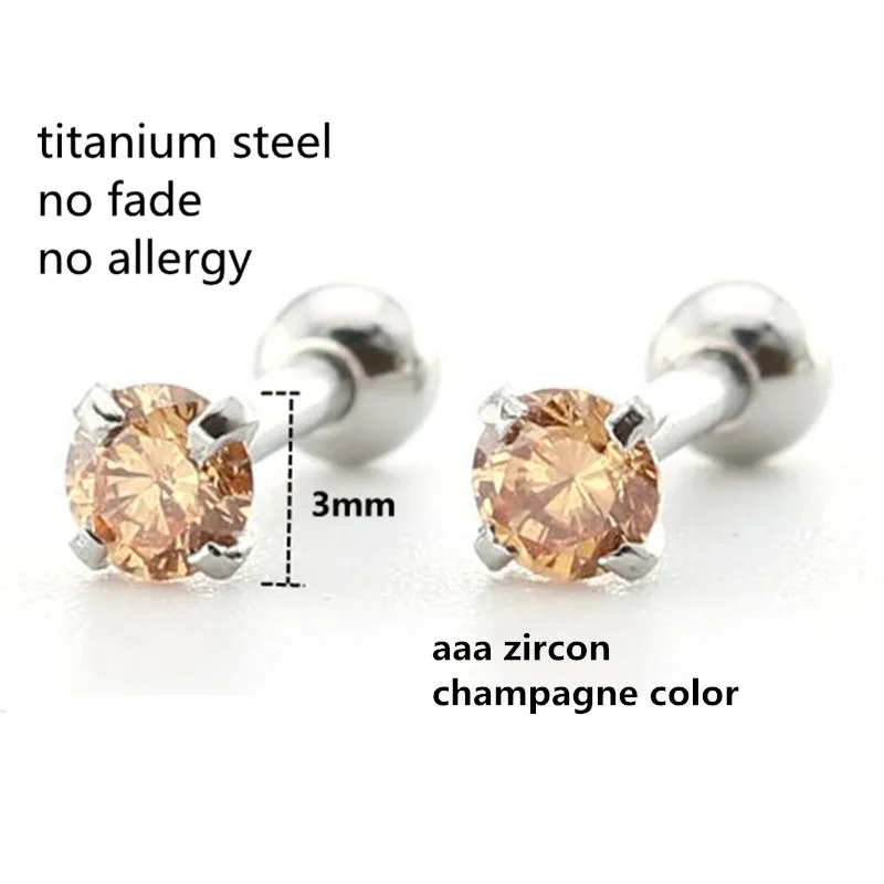 

Titanium Screw Stud Earrings With Mini 3mm Champagne AAA Zircon 316L Stainless Steel No Fade Allergy