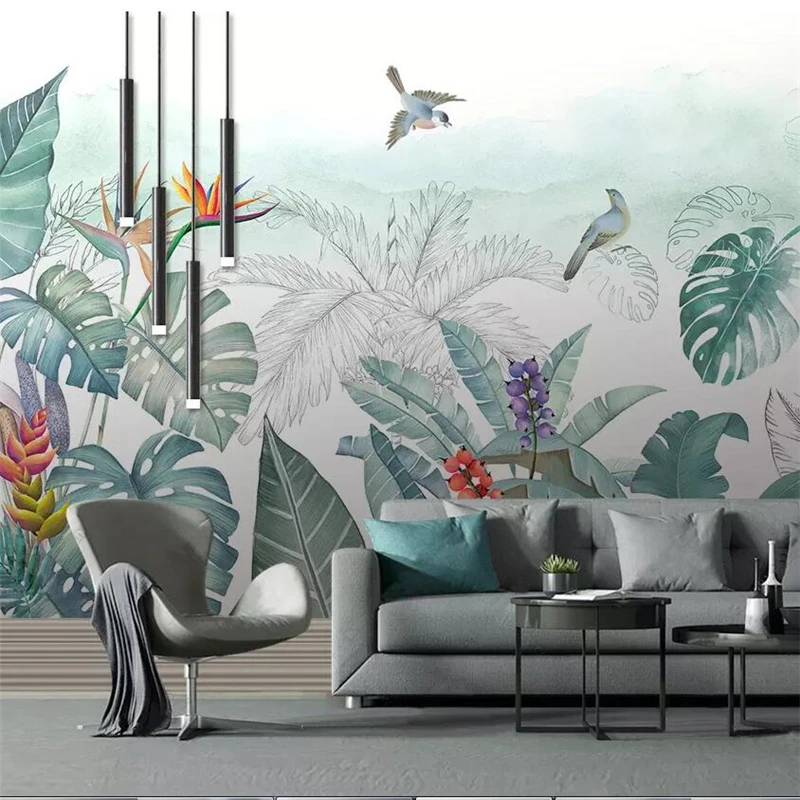 

wellyu Nordic hand-painted small fresh tropical plants flowers and birds background murals custom large mural wallpaper