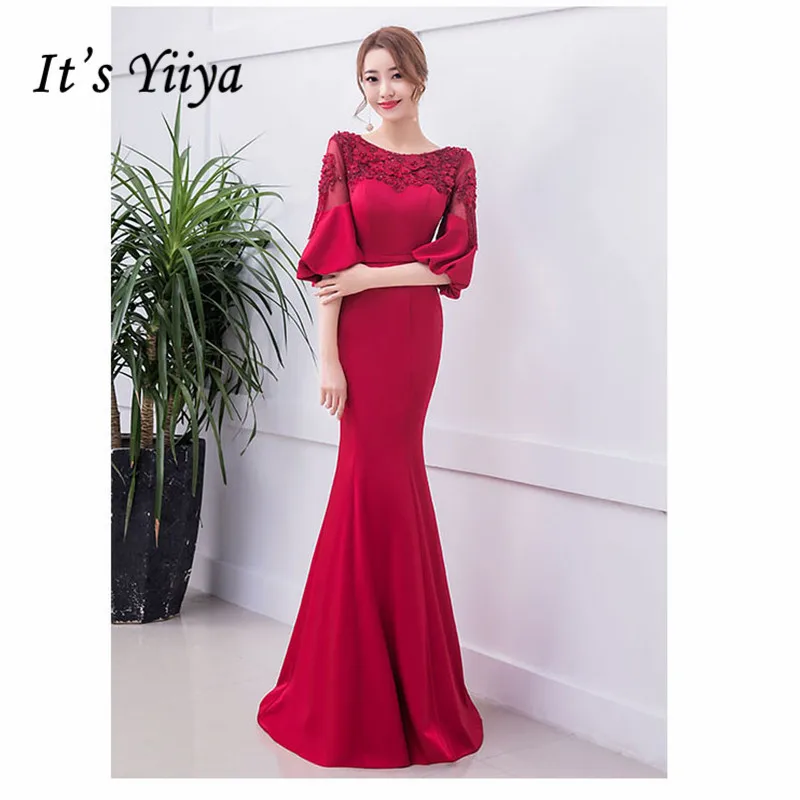 

It's YiiYa Robe de Soiree Backless Lace Up Mermaid Women Party Dress Half Sleeve Tunic Long Evening Dress Plus Size 2019 E498