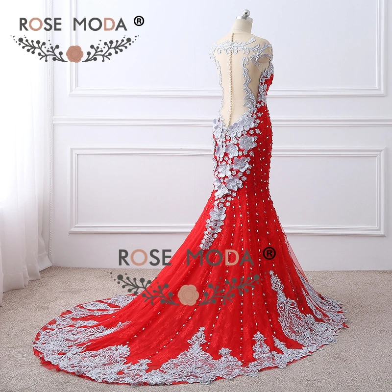 Rose Moda Luxe Zwaar Kralen Rood Kant Mermaid Prom Jurk met Naakt Terug Handgemaakte 3D Bloemen Parel Knoppen Formele Party jurk