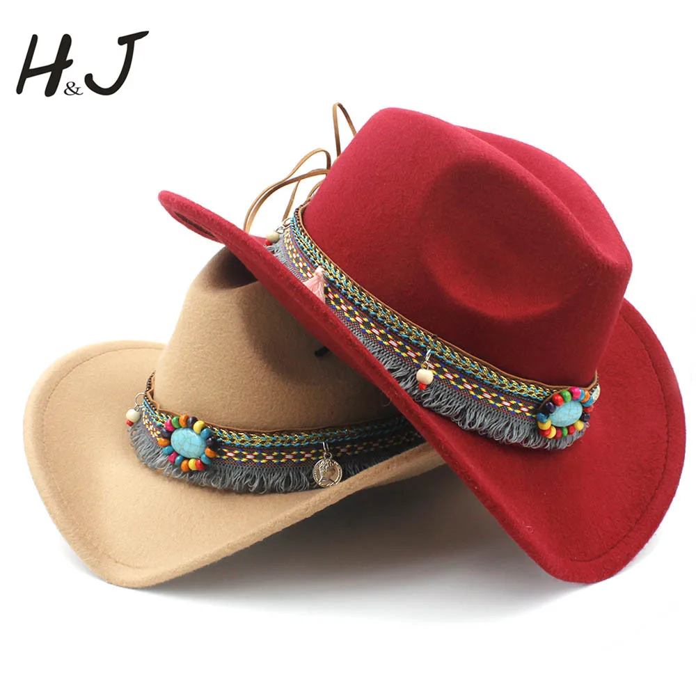 Fashion Women's Wool Hollow Western Cowboy Tassel Belt  Elegant Lady  Jazz Cowgirl Jazz Toca Sombrero Cap Size 56-58CM