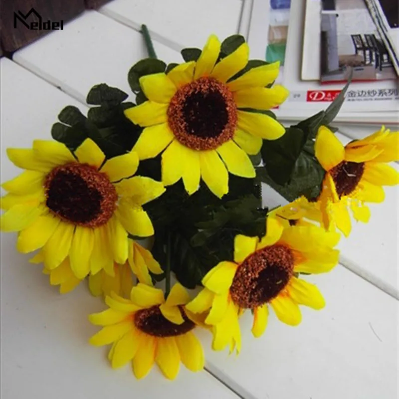 Meldel Wedding Bouquet Bridesmaids ดอกไม้ Nosegay ดอกไม้ประดิษฐ์ Sunflower Baby's Breath Bouquet DIY Home Party ตกแต่งพรหม