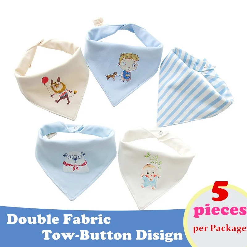 

5pcs/lot Double Fabric Baby Bibs Cartoon Printing Cotton Newborn Infant Girls And Boys Toddler Triangle Scarf Burp Cloth Bandana