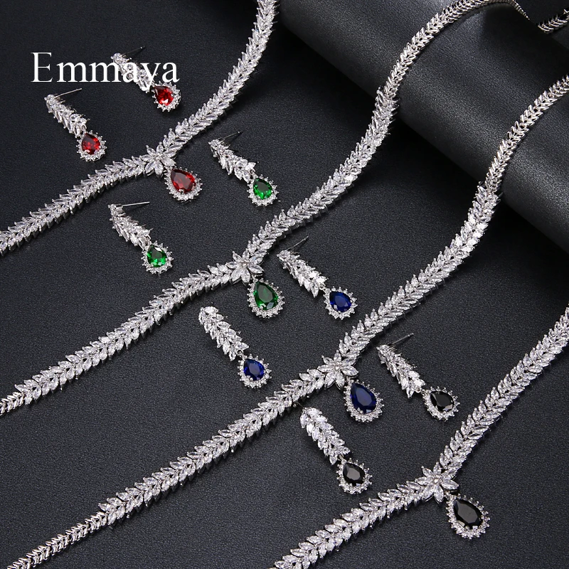 Emmaya Luxury AAA Cubic Zircon 4 Colors Water Drop Wedding Earrings Necklace For Women Bridal Jewelry Sets Party Accessories