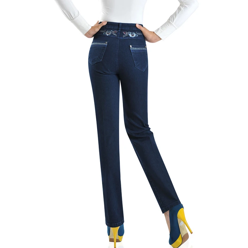New Fashion Casual Jeans Middle-Aged Women High Waist Trousers Straight Pants Female Embroidery Elasticity Denim Pants